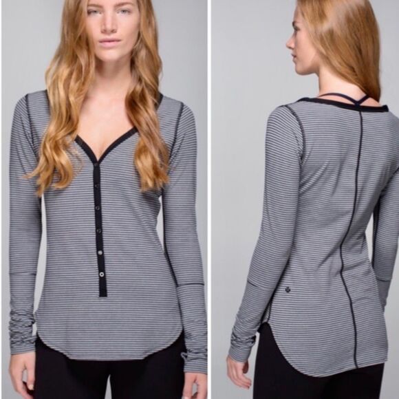 lululemon athletica Tops - Lululemon Awesoma Henley Shirt in Hyper Stripe Black Heathered Slate- Size 4
